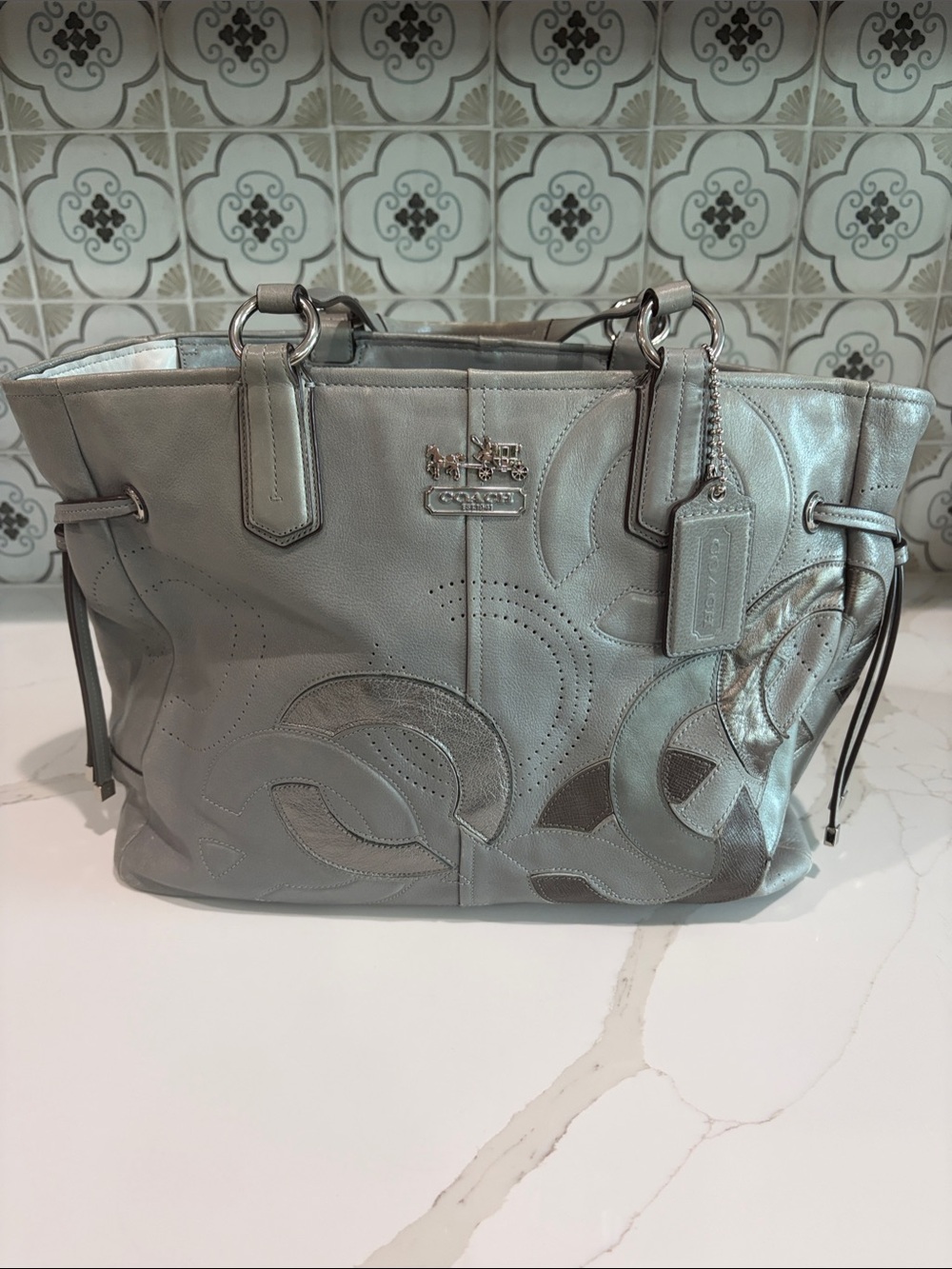 Coach Chelsea Silver Metallic Leather Tote with Signature Stitching